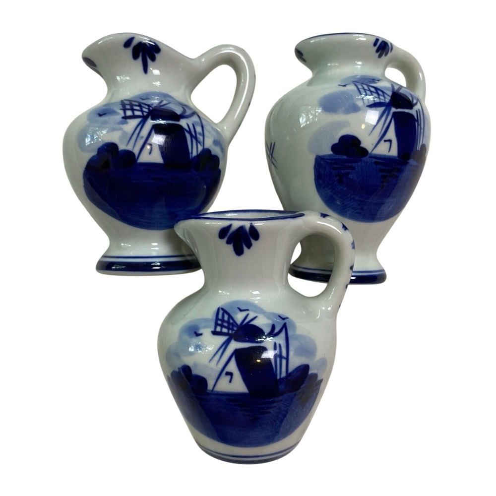 Set of 3 Vintage Miniature Delft Blue Vase Pitcher Hand Painted‎ Blue and White